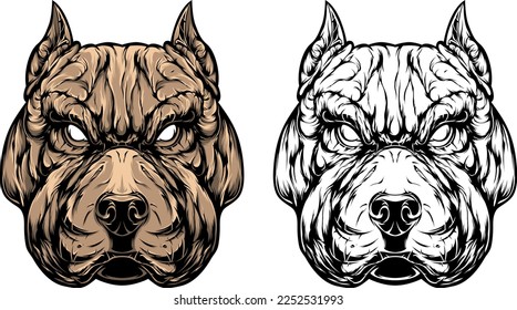 Hand drawn face of dog. Pitbull illustration mascot art.