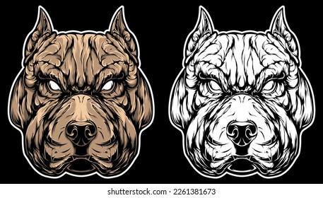 Hand drawn face of dog. Pitbull illustration mascot art.