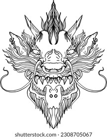 Hand drawn Face of dragon and monster's head Thai line art. Isolate on white and illustration.Doodle dragon symbols, various geometric shapes.