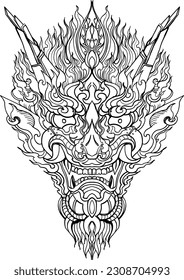 Hand drawn Face Dragon and Thai line art. Isolate on white and illustration dragon.kabuki demon mask and Hanya mask tattoo.