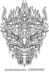 Hand drawn Face Dragon and Thai line art. Isolate on white and illustration dragon.dragon symbols, various geometric shapes.