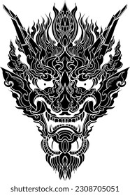 Hand drawn Face Dragon and Thai line art. Isolate on white and illustration dragon.kabuki demon mask and Hanya mask tattoo.