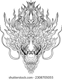 Hand drawn Face Dragon and Thai line art. Isolate on white and illustration dragon.Kabuki and hanya demon mask tattoo.