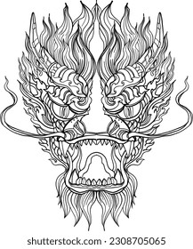 Hand drawn Face Dragon and Thai line art. Isolate on white and illustration dragon.dragon symbols, various geometric shapes.