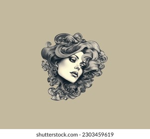Hand drawn face of a girl with puffy hair, Vector illustration