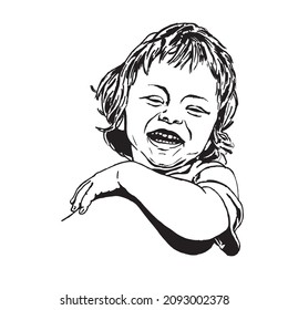 Hand drawn face of laughing baby, cheerful child, cute kid. Black and white vector portrait, 10 eps