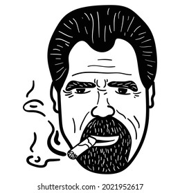 Cara dibujada a mano de un hombre con barba y un puro. Retrato masculino elegante con barba.