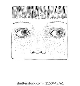Hand drawn face.  sketch. Cute girl. Avatar. Pattern for coloring book.  Hand-drawn vector illustration.
