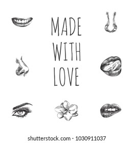 Hand drawn face sketches set. Collection of nasal, smell, passion and other sketch elements.