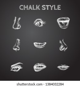 Hand drawn face sketches set. Collection of eyeball, lick, mouth and other sketch elements.