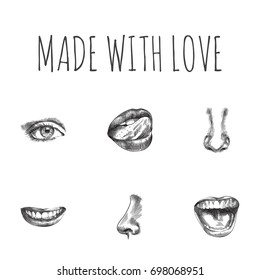 Hand Drawn Face Sketches Set. Collection Of Tongue, Teeth, Nostril And Other Sketch Elements.
