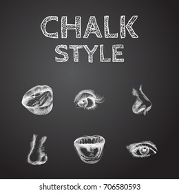 Hand Drawn Face Sketches Set. Collection Of Tongue, Lick, Eyelash And Other Sketch Elements.