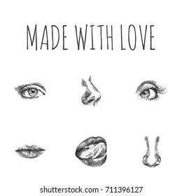 Hand Drawn Face Sketches Set. Collection Of Lips, Nasal, Lick And Other Sketch Elements.