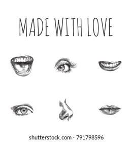 Hand Drawn Face Sketches Set. Collection Of Eyelash, Eyeball, Smell And Other Sketch Elements.