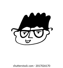 Cara dibujada a mano de un chico inteligente con gafas en forma de doodle en blanco y negro. Colección de caracteres de personas. 