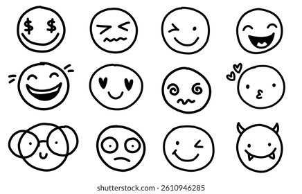Hand drawn face smile icon line people face emotions set in doodle scribble pencil marker style hand drawn set