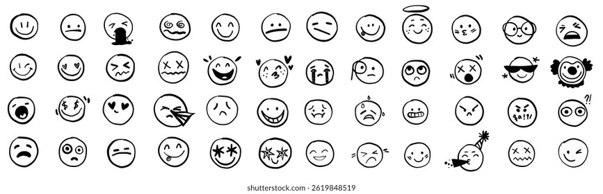 Hand drawn face smile icon line people face emotions set in doodle scribble pencil marker style hand drawn 