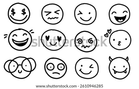 Hand drawn face smile icon line people face emotions set in doodle scribble pencil marker style hand drawn set