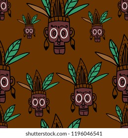 Hand drawn face tribal pattern vector. Unique face character aborigine native american seamless drawing.