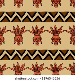 Hand drawn face tribal pattern vector. Unique face character aborigine native american seamless drawing.