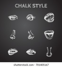 Hand Drawn Faceparts Sketches Set. Collection Of Nasal, Passion, Eyeball And Other Sketch Elements.