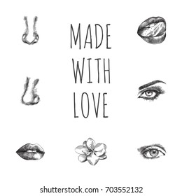 Hand Drawn Faceparts Sketches Set. Collection Of Mouth, Eyelash, Lick And Other Sketch Elements.