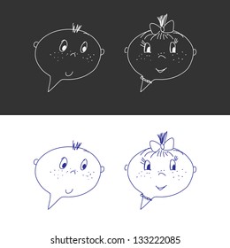 Hand Drawn Faces. Boy And Girl. Speech Bubble Like. Cartoon Style. Isolated. Vector Illustration