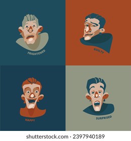 Hand drawn faces with various emotions vector set. Flat editable colorfull illustration.