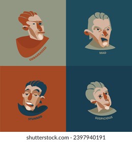 Hand drawn faces with various emotions vector set. Flat editable colorfull illustration.