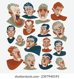 Hand drawn faces with various emotions vector set. Flat editable colorfull illustration.