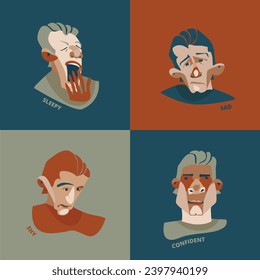 Hand drawn faces with various emotions vector set. Flat editable colorfull illustration.