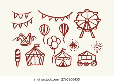 Hand drawn fair and carnival elements: bunting flags ferris wheel tents balloons ice cream bar with amusement park white background carnival illustration festival celebration isolated