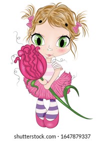 Hand drawn fairy with big flower. Beautiful cute haired girl. Cartoon character. Template for design cards, notebook, shop, poster. The little girl.