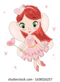 Hand drawn fairy girl with magic wand flying. Beautiful cute haired girl. Cartoon character. Template for design cards, notebook, shop, poster. The little girl. Little cupid.