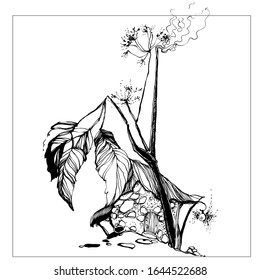  hand drawn fairy house. Vintage Black line motiv. 