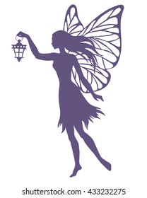 Hand drawn fairy with lamp, vector silhouette illustration.