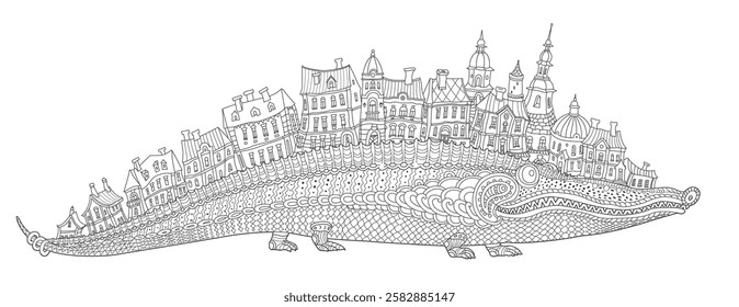 Hand drawn fairy tale dragon with a crest of medieval houses. Adults and Children Coloring Book page 
