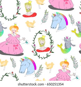 Hand drawn fairy tale elements. Vector seamless pattern