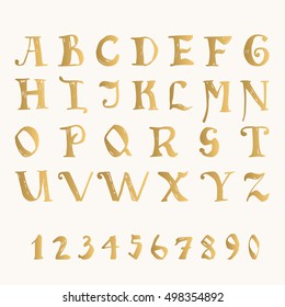 Hand Drawn Fairy Tale Font Isolated On Background. Golden Script Letters For Design. Vector Ink Alphabet.