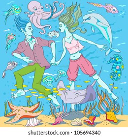 hand drawn fairy tale image of a young man and a young woman, underwater swimming among sea creatures