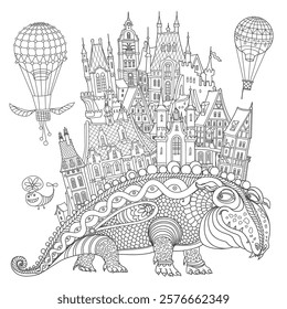 Hand drawn fairy tale lizard with a crest of medieval houses, palaces, churches and towers, flying hot air balloons. Adults and Children Coloring Book page 