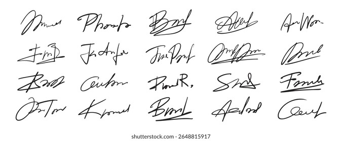 Hand drawn fake autograph doodle set signature sketches design. Vector illustration