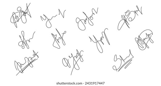 Hand drawn Fake autograph samples set. Vector Fictitious Signatures