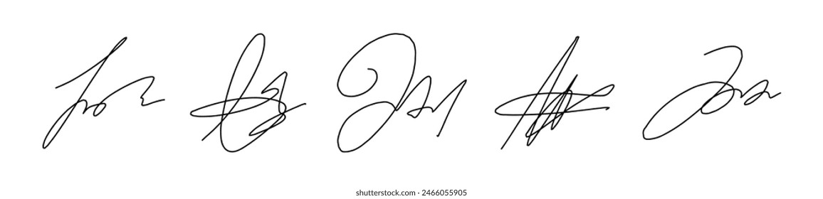 Hand drawn fake autograph with scribble pen strokes. Handwritten signature sample and random name. Sign for documents and certificates. Flat vector illustration on white background.