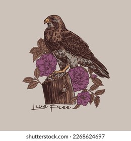 HAND DRAWN FALCON BIRD NATURE FLOWER FLORAL ROSE PAINTED PRETTY VINTAGE TSHIRT TEE PRINT FOR APPAREL MERCHANDISE