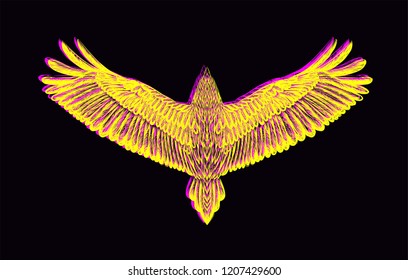 Hand drawn falcon with glitch effect.Sketch eagle, condor, raven,owl with chromatic aberration. Vector isolated illustration.Glitch art.Print for t shirt and tattoo art.Wild animal.Pop art.Wild animal