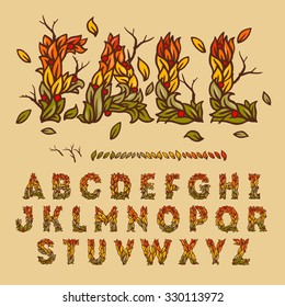 Hand drawn fall alphabet made with leaves, use for fall festival design,vector illustration.