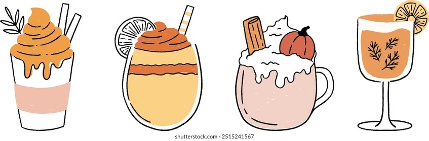 Hand Drawn Fall Beverage Illustrations Featuring Pumpkin Spice Lattes Teas and Seasonal Drinks for Autumn Themed Designs