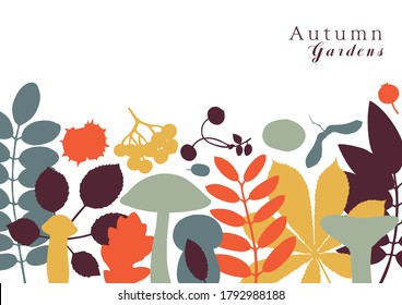 Hand drawn fall design in color. Autumn botanical frame in flat style. Fall season flat illustration with forest leaves, mushrooms, nuts and berries silhouettes. Trendy vector card or invitation.