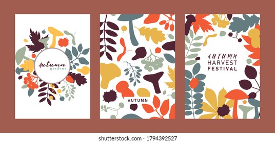Hand drawn fall designs in color. Autumn botanical cards collection in flat style. Fall season illustration with forest leaves, mushrooms, nuts and berries silhouettes. Trendy vector  template.